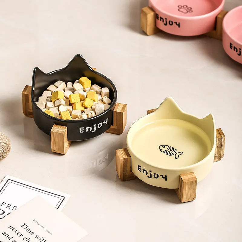 Porcelain cat bowls with wooden frame in cat ear paw design