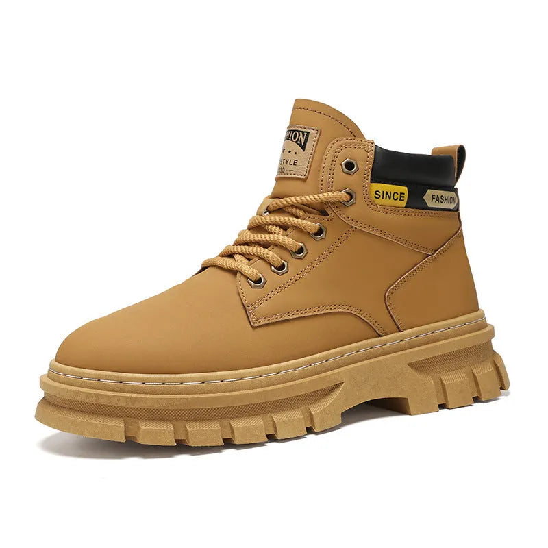 Men's brown Martin boots with lace-up front, round toe, and rubber sole.