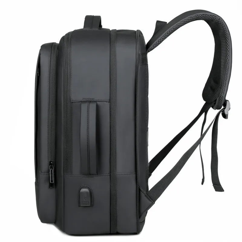 Black waterproof Oxford cloth backpack with Derm leather details and curved shoulder strap