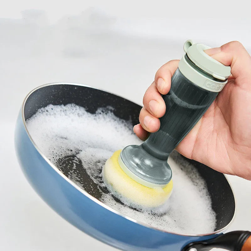 Milk white and mint green dish brush with soap dispenser in handle and non-scratch bristles