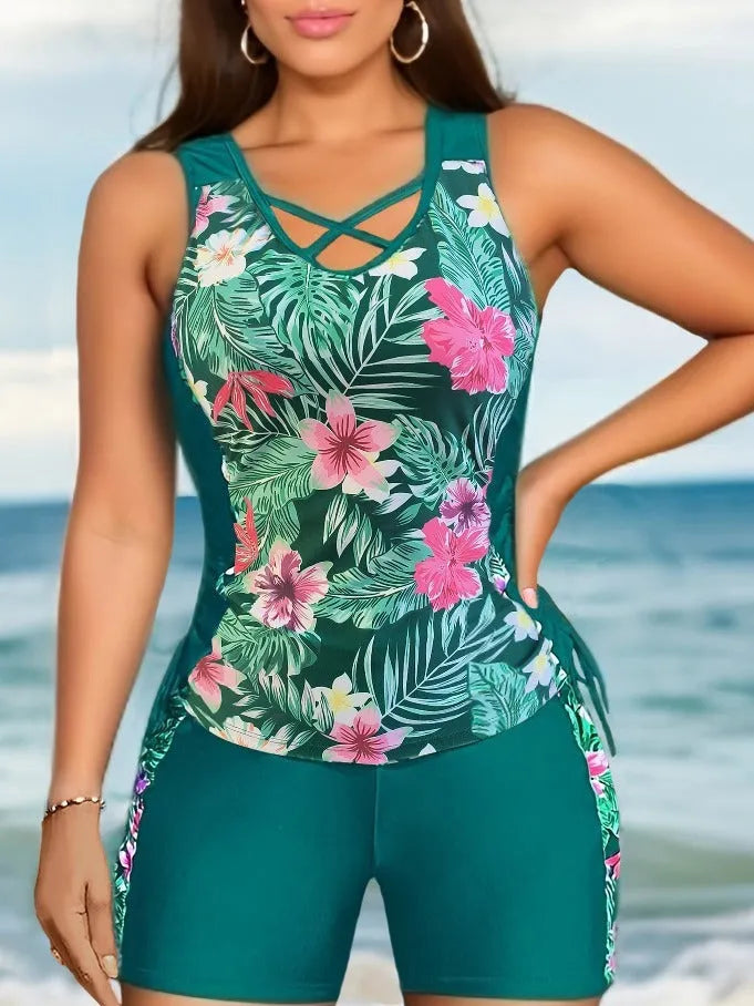 Plus size women's high waist floral print bikini swimsuit in navy blue colour