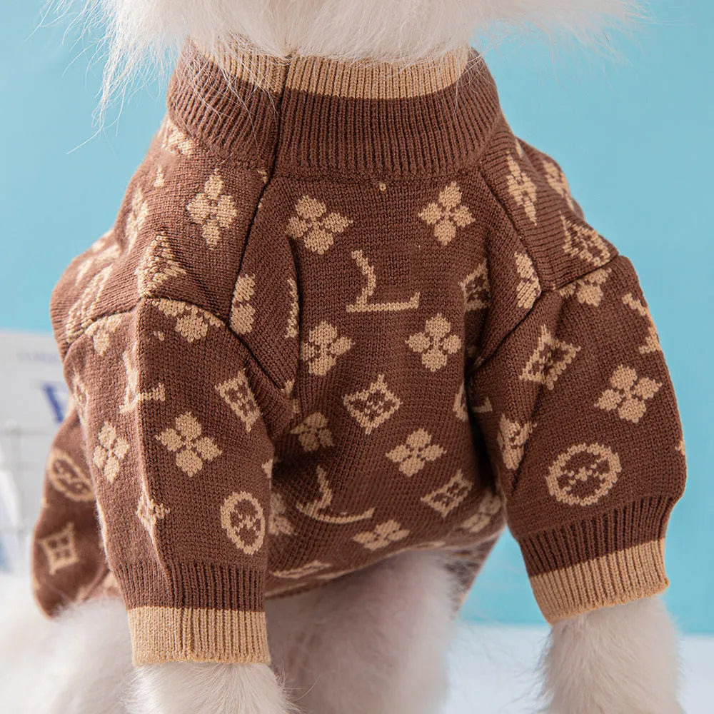 A thick wool dog sweater for winter in a choice of monochrome or two colours, shown in size L.