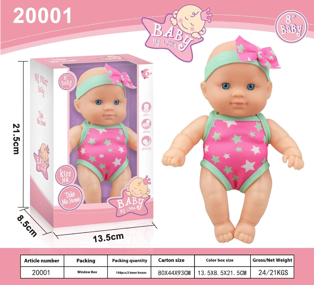 21.5cm tall simulation baby vinyl figurine doll in one of six colour variations on display