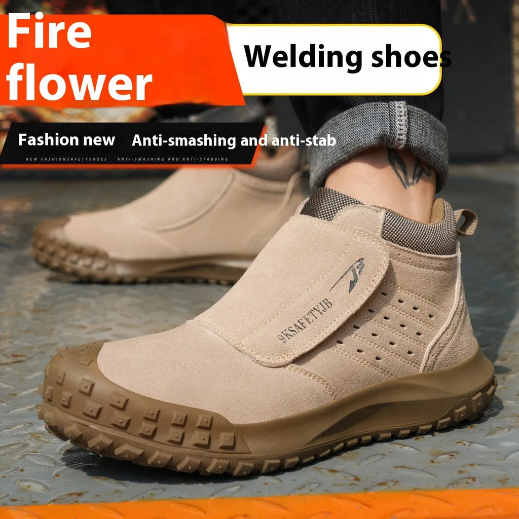 Four Seasons lightweight low-top welder safety boots in sand colour with steel toe cap and lace-up front.