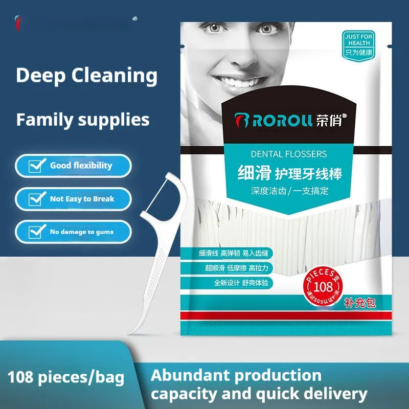 Disposable dental floss in portable bag with individually packaged strands for hygienic daily use