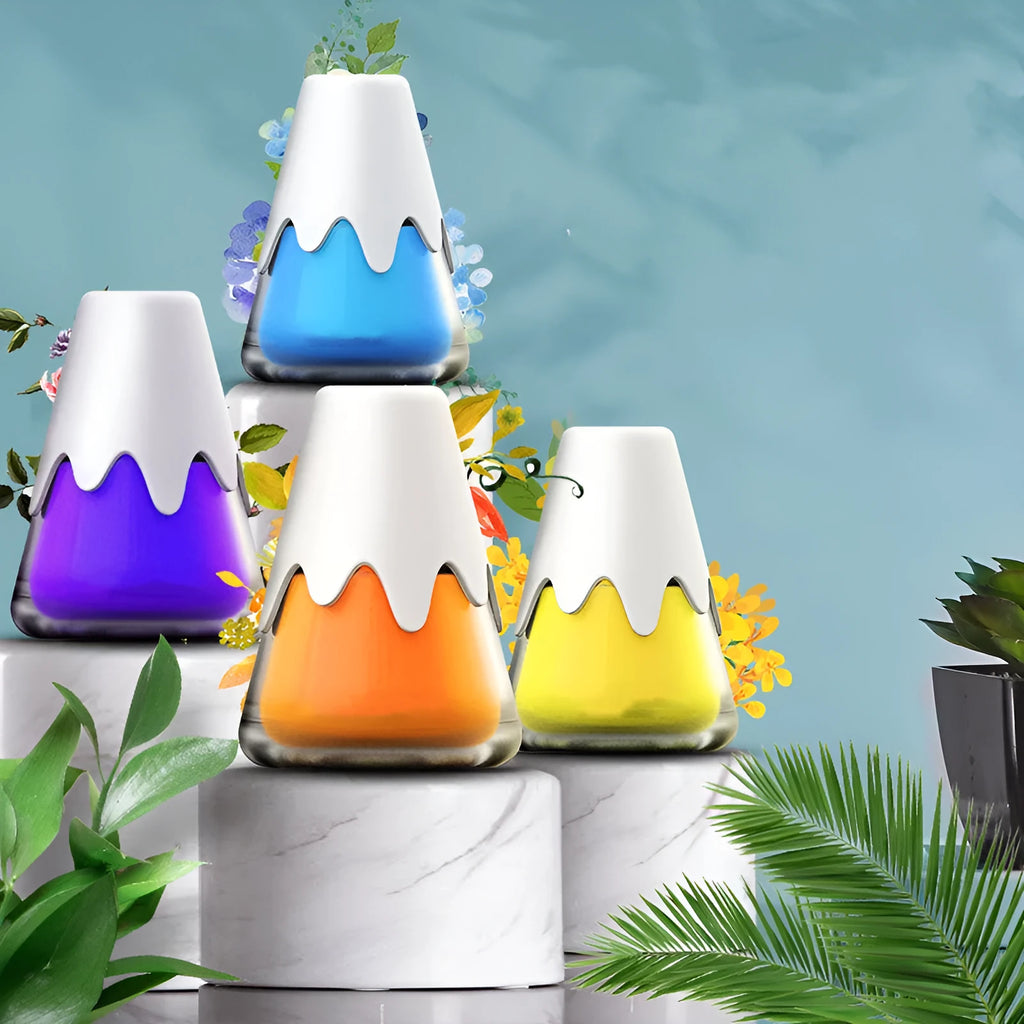 Glass cup car aromatherapy diffuser showing purple, lime, laurel, and blue colour options on a car dashboard.