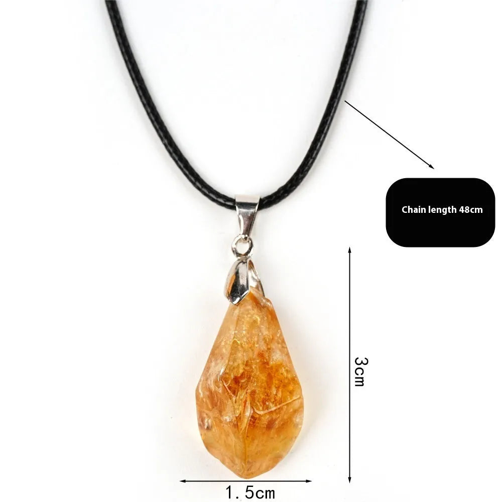Natural citrine cluster pendant necklace with polished yellow tower crystal geometric drop on leather rope