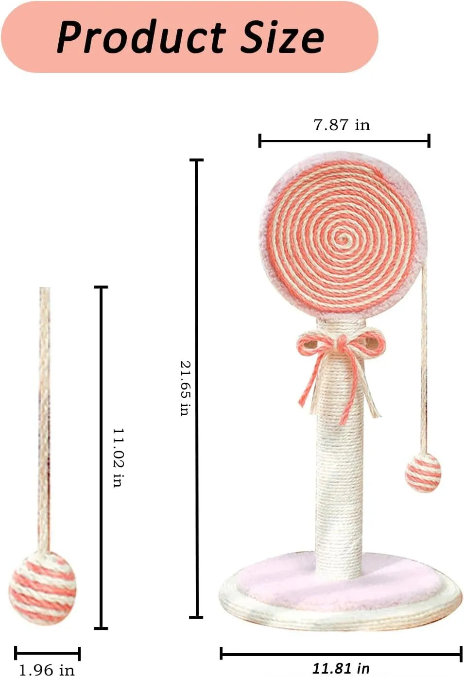 Blue cat scratching post with natural sisal rope and a hanging ball toy on a stable wooden base.