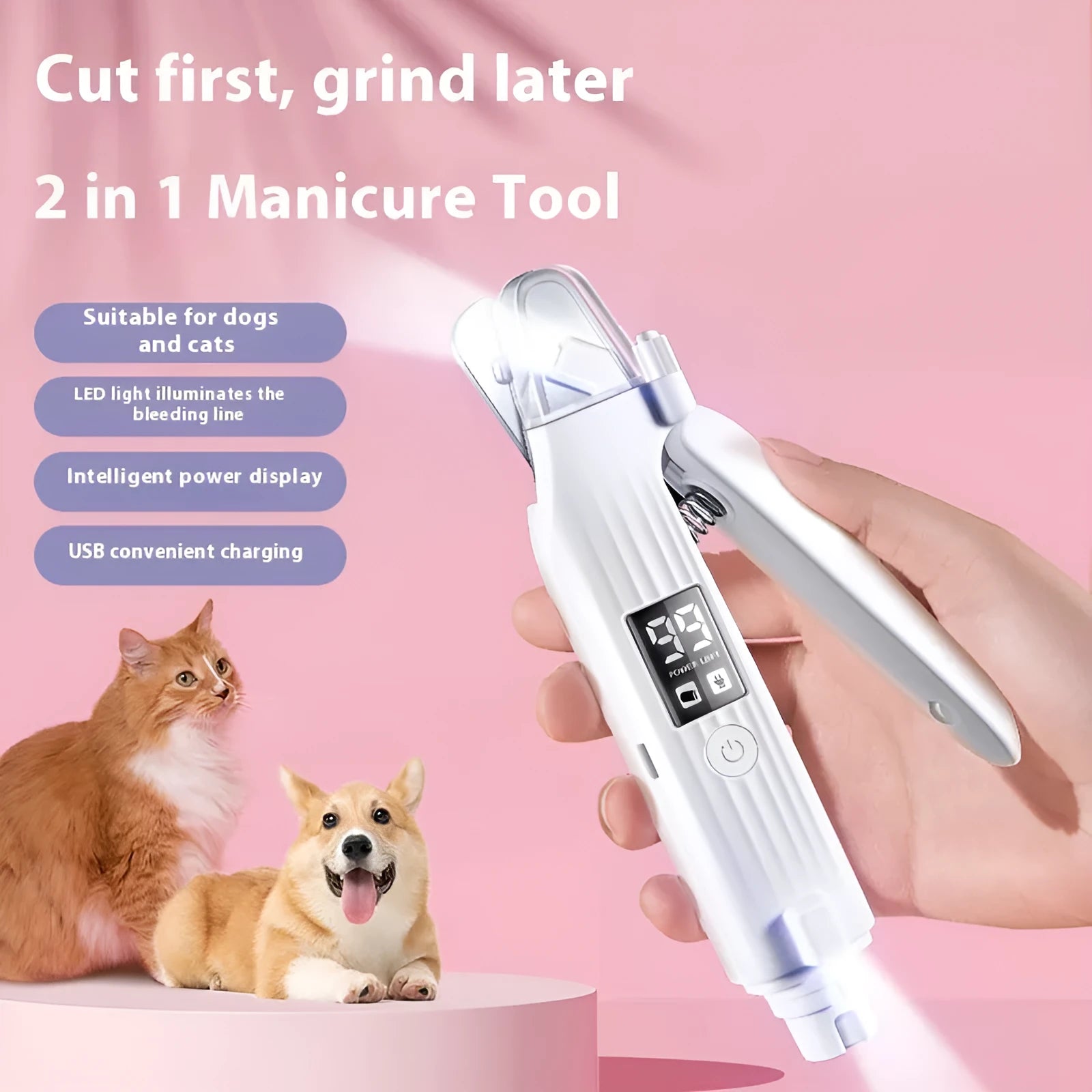 HZ8 white model dog nail clippers with integrated light and filing device for pet grooming