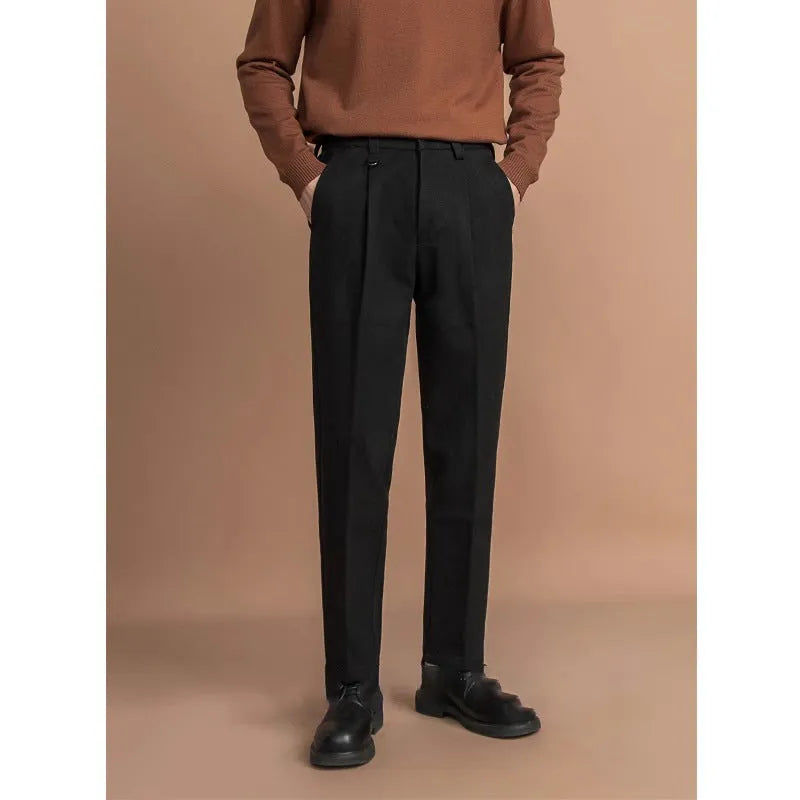 Men's straight-leg drape style suit trousers in four colour options
