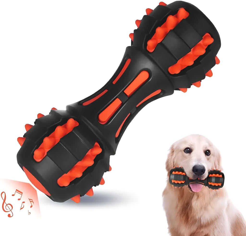 Red dumbbell shaped dog chew toy made from natural rubber for aggressive chewers