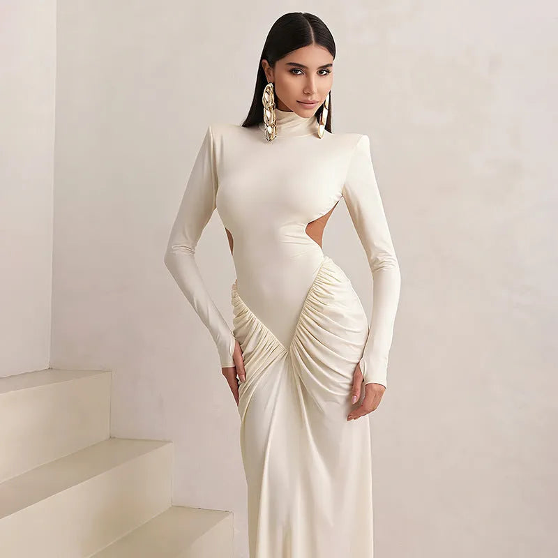 Women's high collar backless dress with long sleeves and pleated details in slim fit design