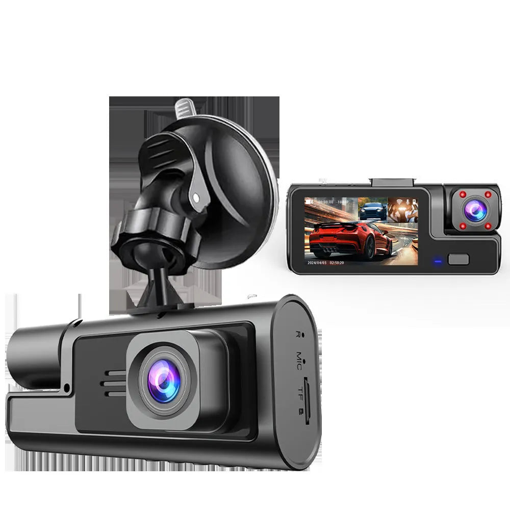 WiFi car driving recorder with 2-inch screen on a dashboard, showing front and rear camera views.