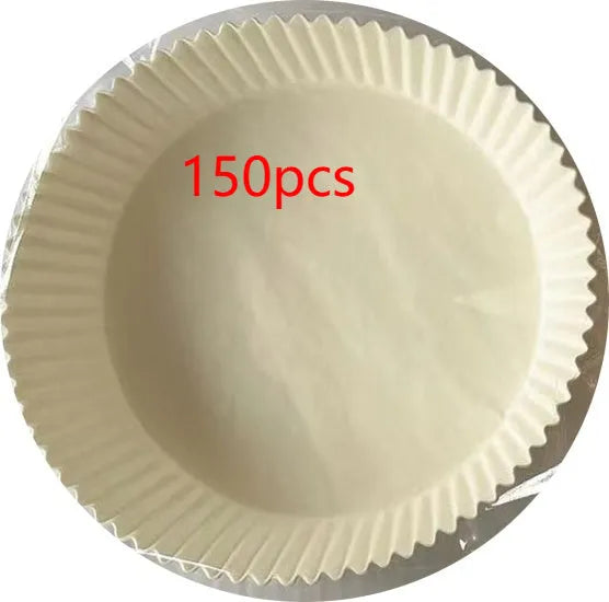 Round disposable paper liners for air fryers with 4.5cm high edges in white parchment colour