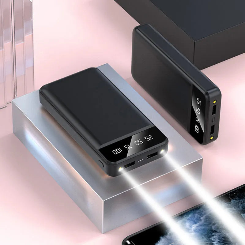 20000mAh polymer power bank in black, white, pink or blue with multiple USB ports