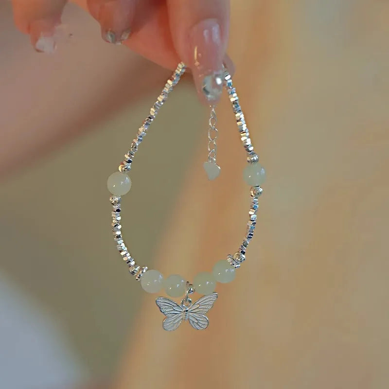 Hetian jade butterfly bracelet and necklace set with electroplated silver finish
