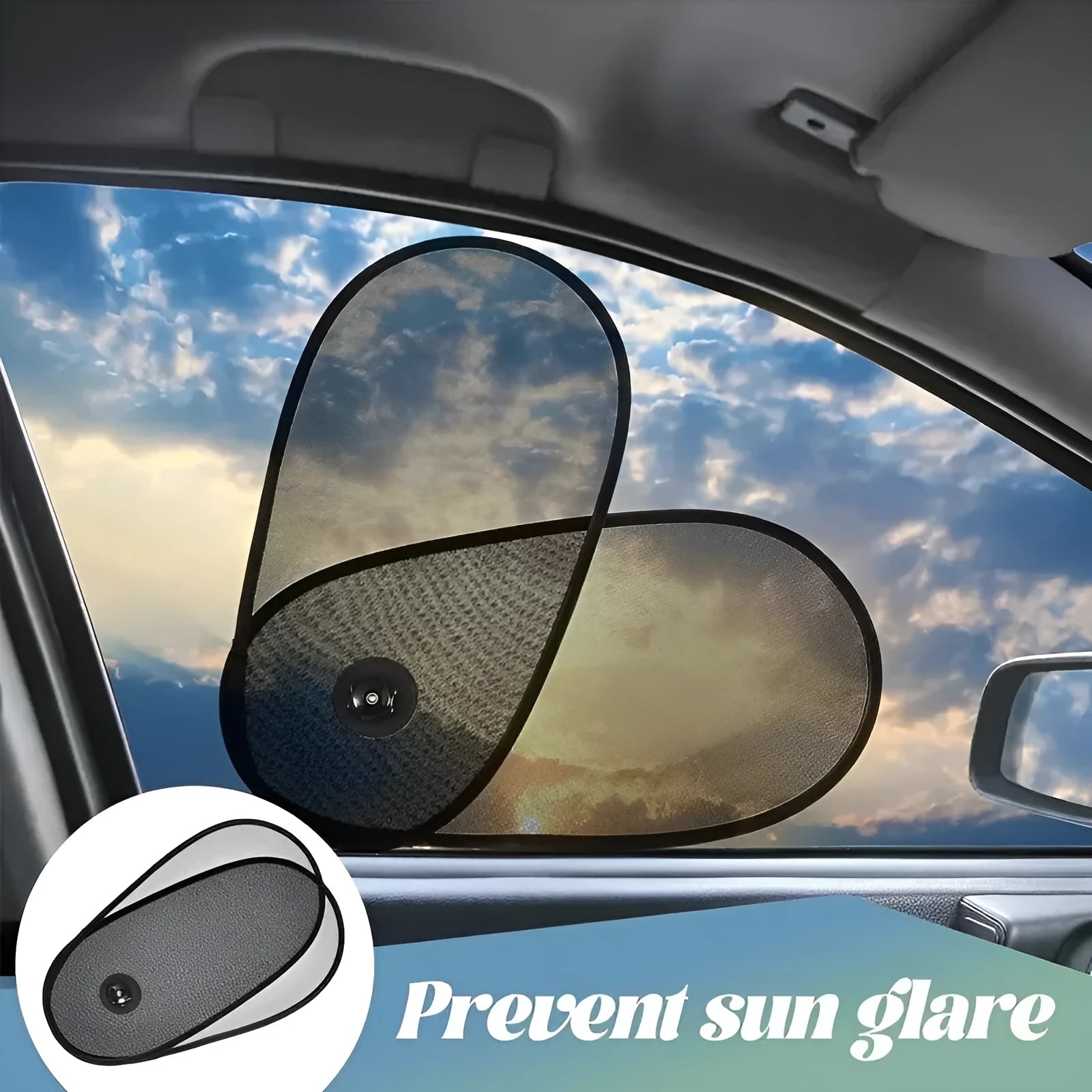 Black stretchy car side window sunshade for babies attached with suction cups.