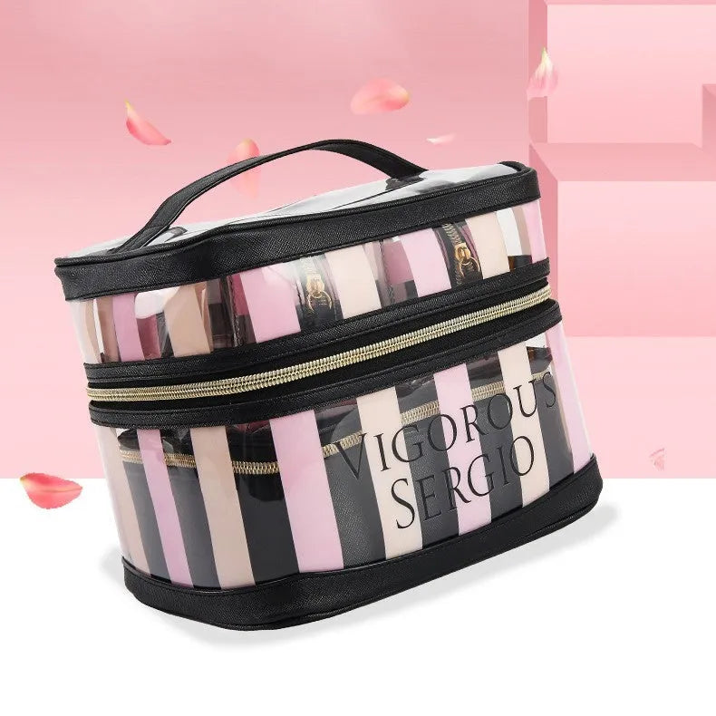 Pink bold stripe floral pattern waterproof synthetic leather makeup kit bag with folding design