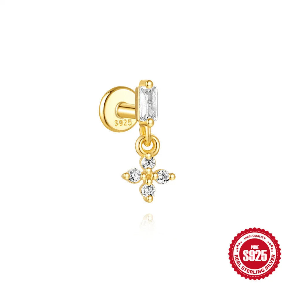 S925 sterling silver water drop earrings with flat spiral design for puncture piercing in gold-plated finish