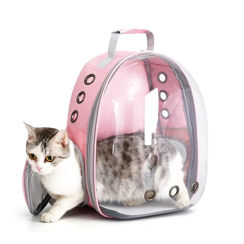 Astronaut style cat backpack pet carrier in grey polycarbonate plastic with side mesh ventilation panels.
