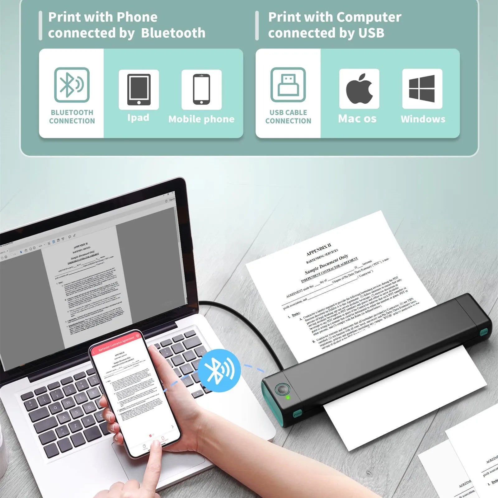 Phomemo M08F white portable A4 thermal printer with charging cable on desk