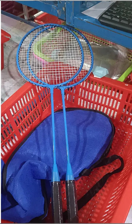 A pair of blue and red alloy badminton rackets with a split-frame design.