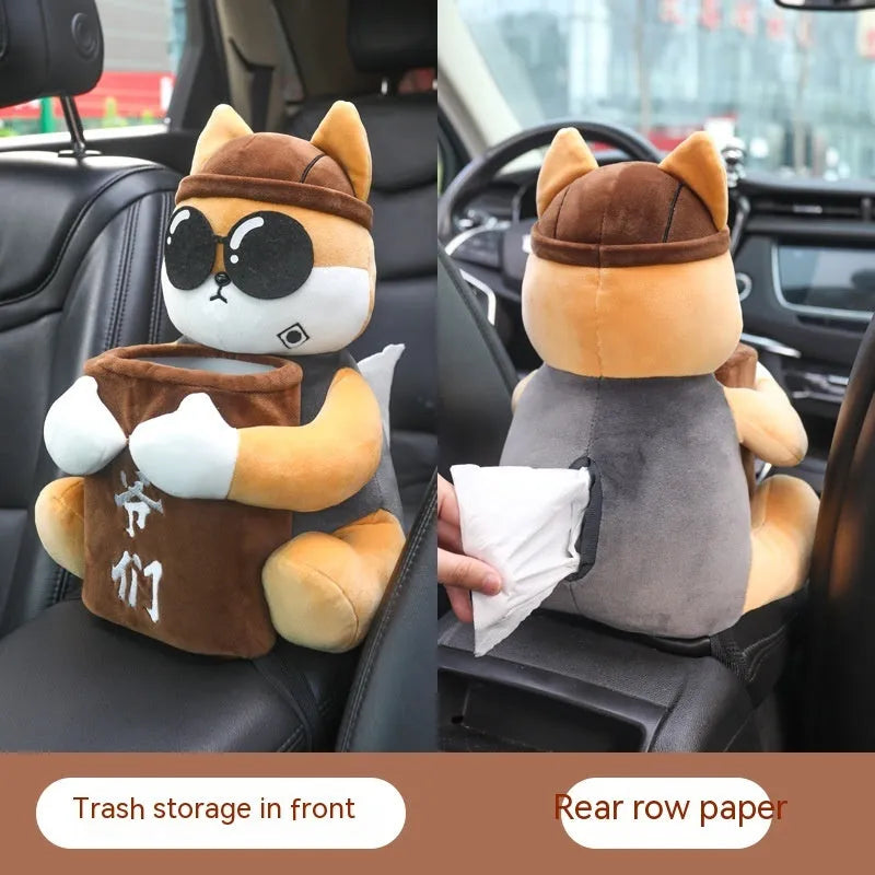 Plush car tissue box organiser hanging from vehicle flip armrest
