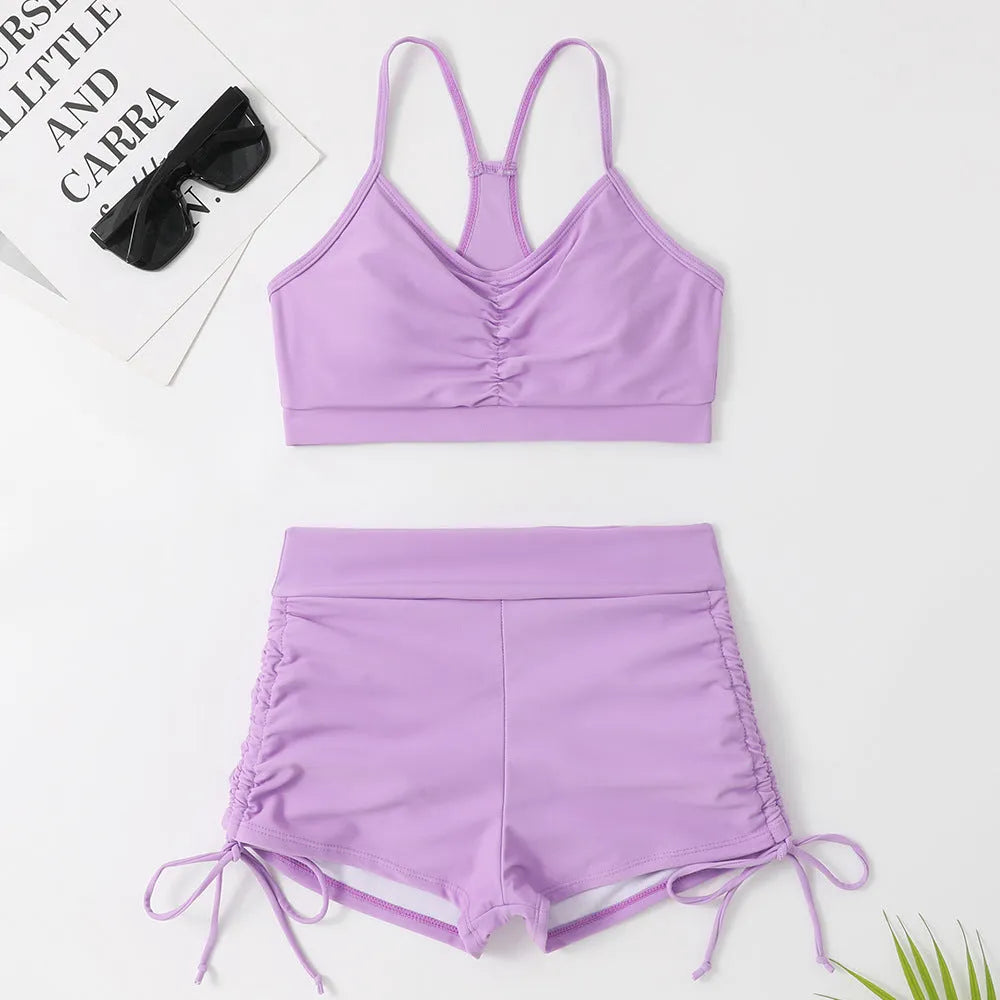 Women's purple high waist split bikini swimsuit with separate top and shorts