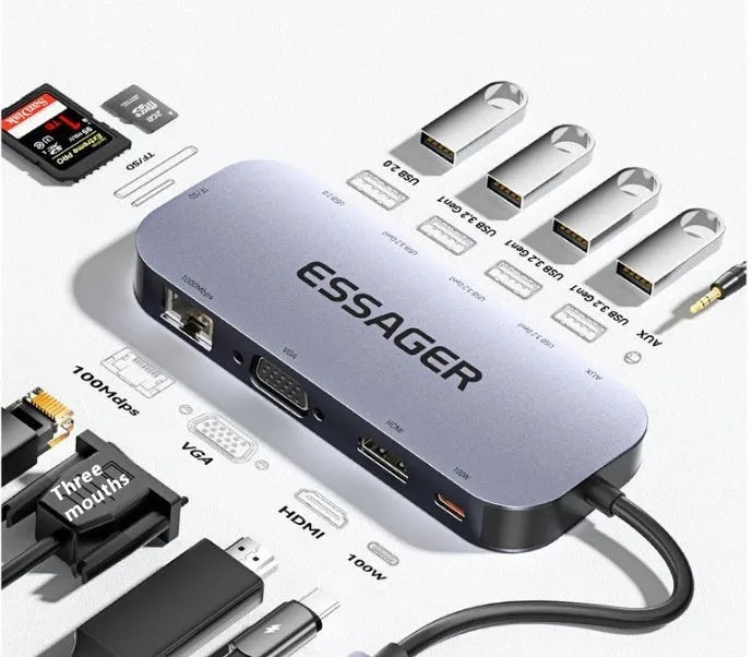 11-in-1 USB-C expansion dock with multiple ports including Gigabit Ethernet, HDMI, VGA, USB 3.0, and card readers