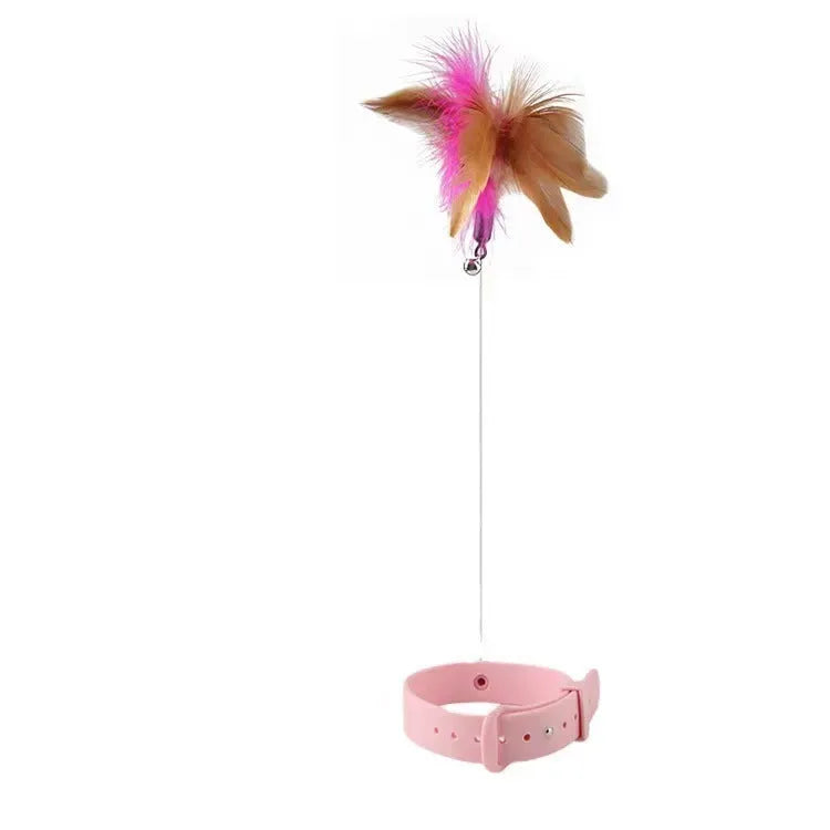 Adjustable cat collar toy with elastic feather teaser in pink or blue colour options
