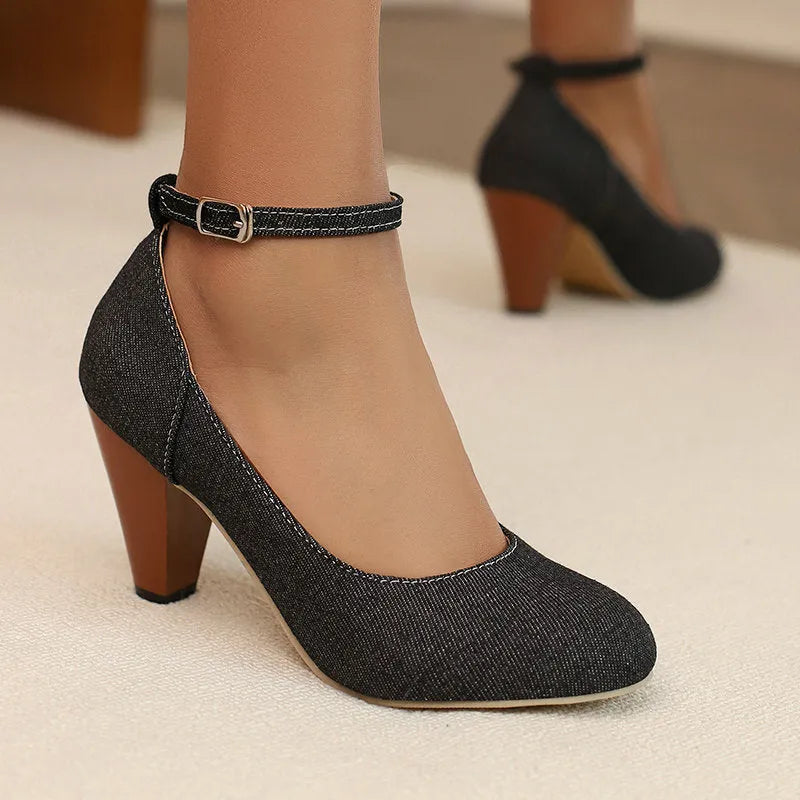 Blue denim women's platform high heel shoes with ankle buckle strap on rubber sole