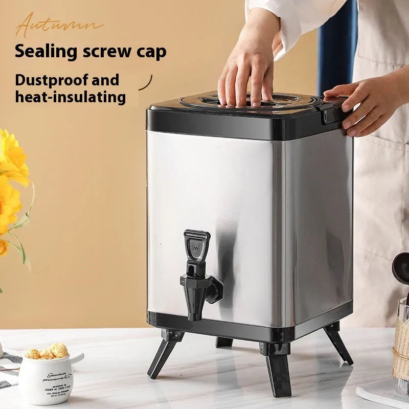 Silver stainless steel milk tea bucket with square design and lockable lid, 8 litre capacity