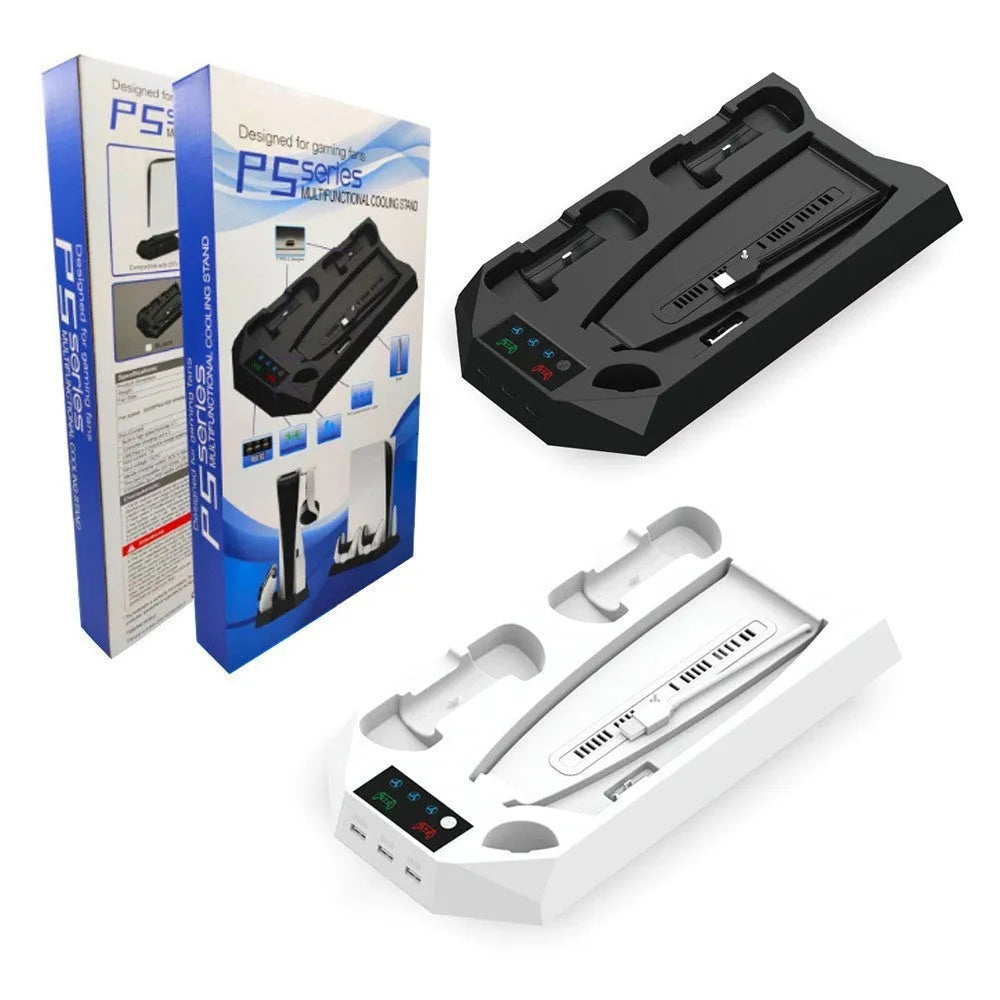 PS5 charging base and radiator stand in black with controller charging dock and headphone hook