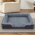 Waterproof removable dog kennel pad in light grey, shown in a large size next to a dog crate.