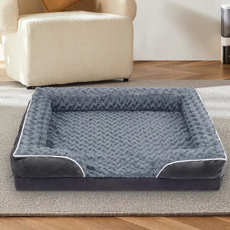Waterproof removable dog kennel pad in light grey, shown in a large size next to a dog crate.