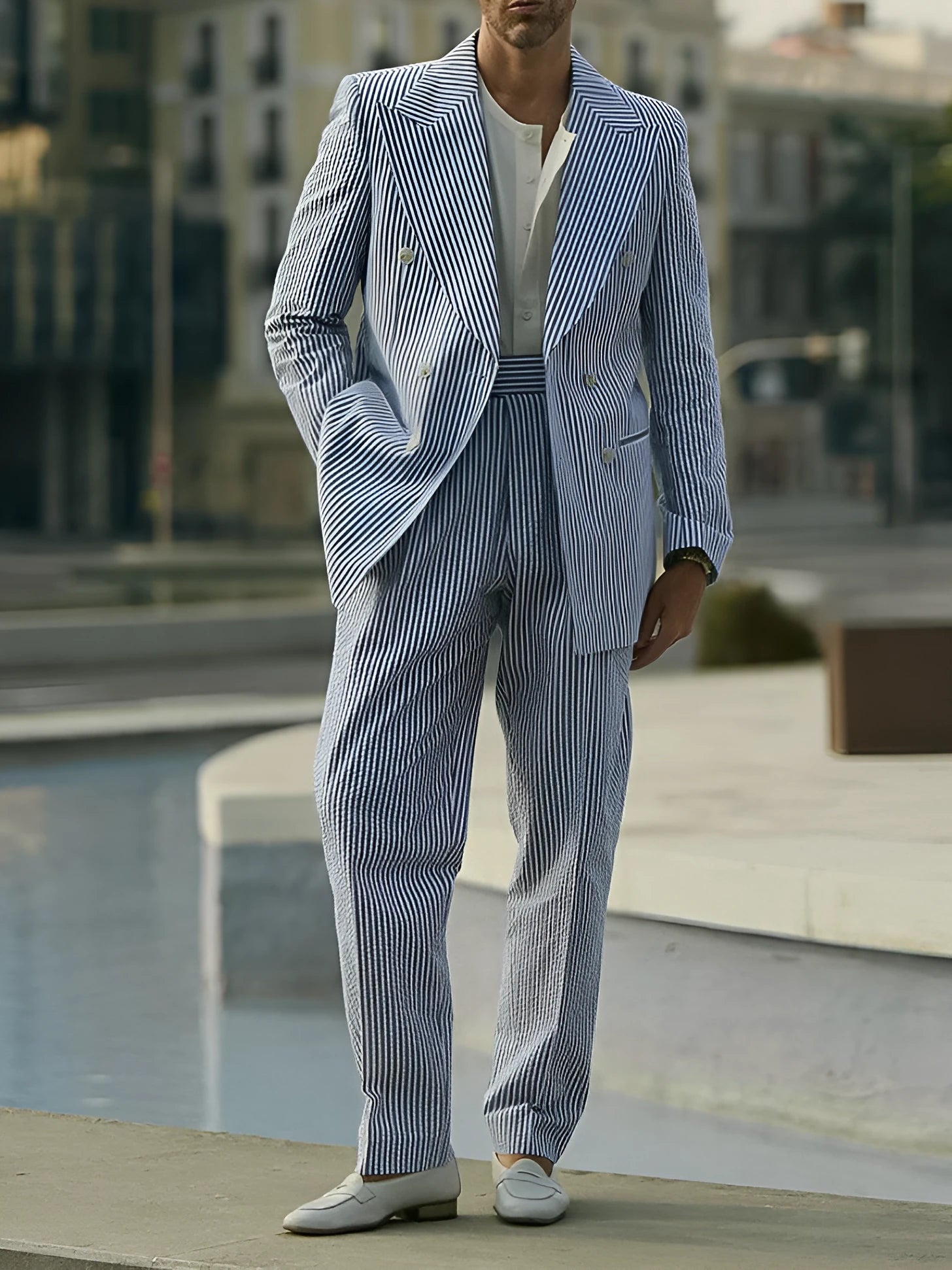 Blue and white striped polyester suit set with blazer and trousers on mannequin