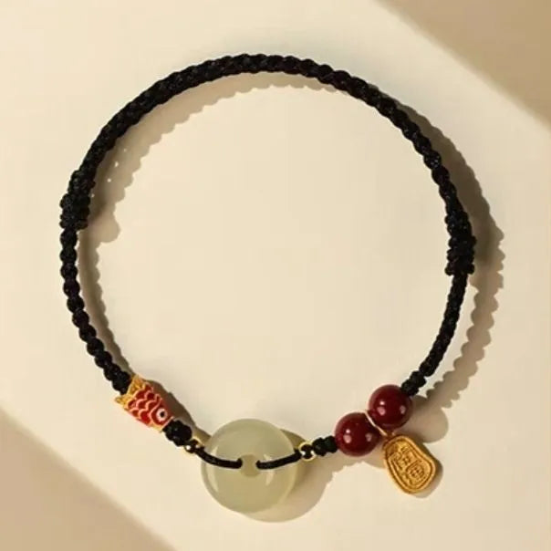 Hetian jade peace buckle bracelet with 10mm beads on adjustable braided rope in three colour options