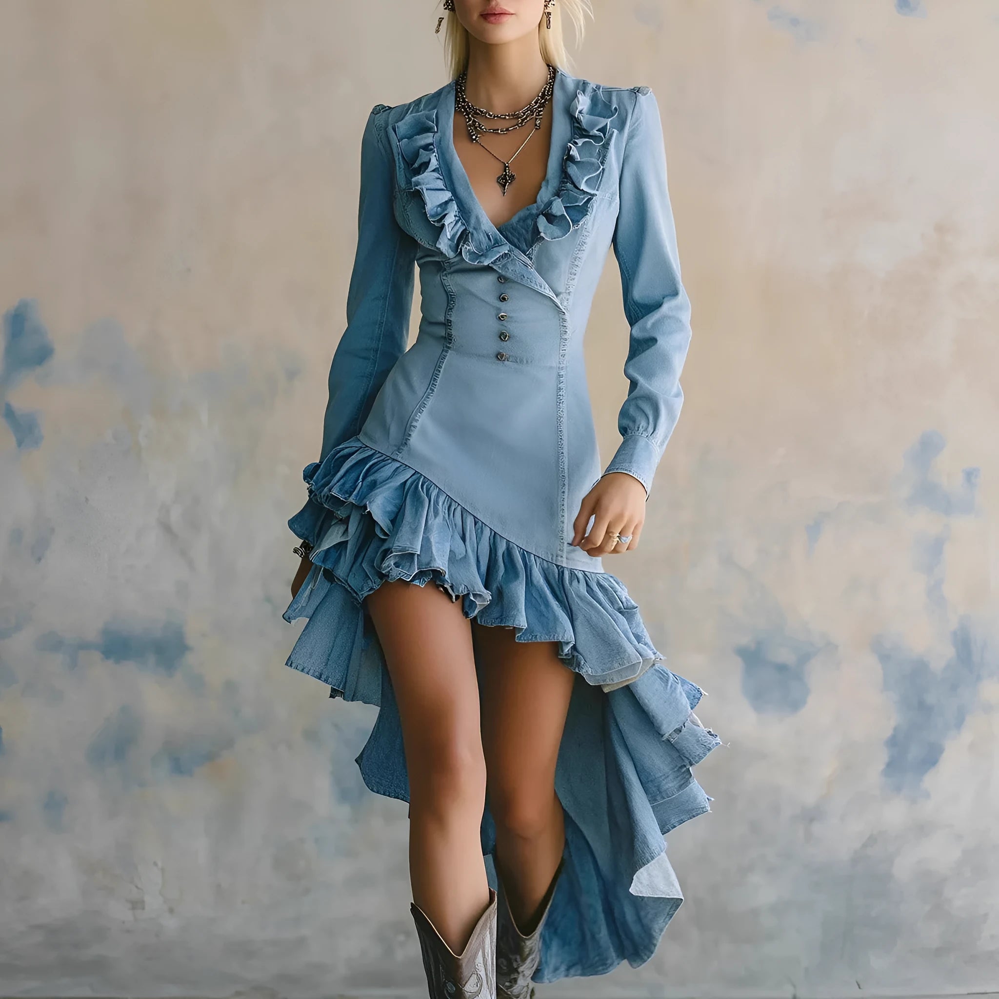 Ruffled no-wash denim fabric dress for women, high waist, long sleeves, available in eight colours and sizes S to 3XL