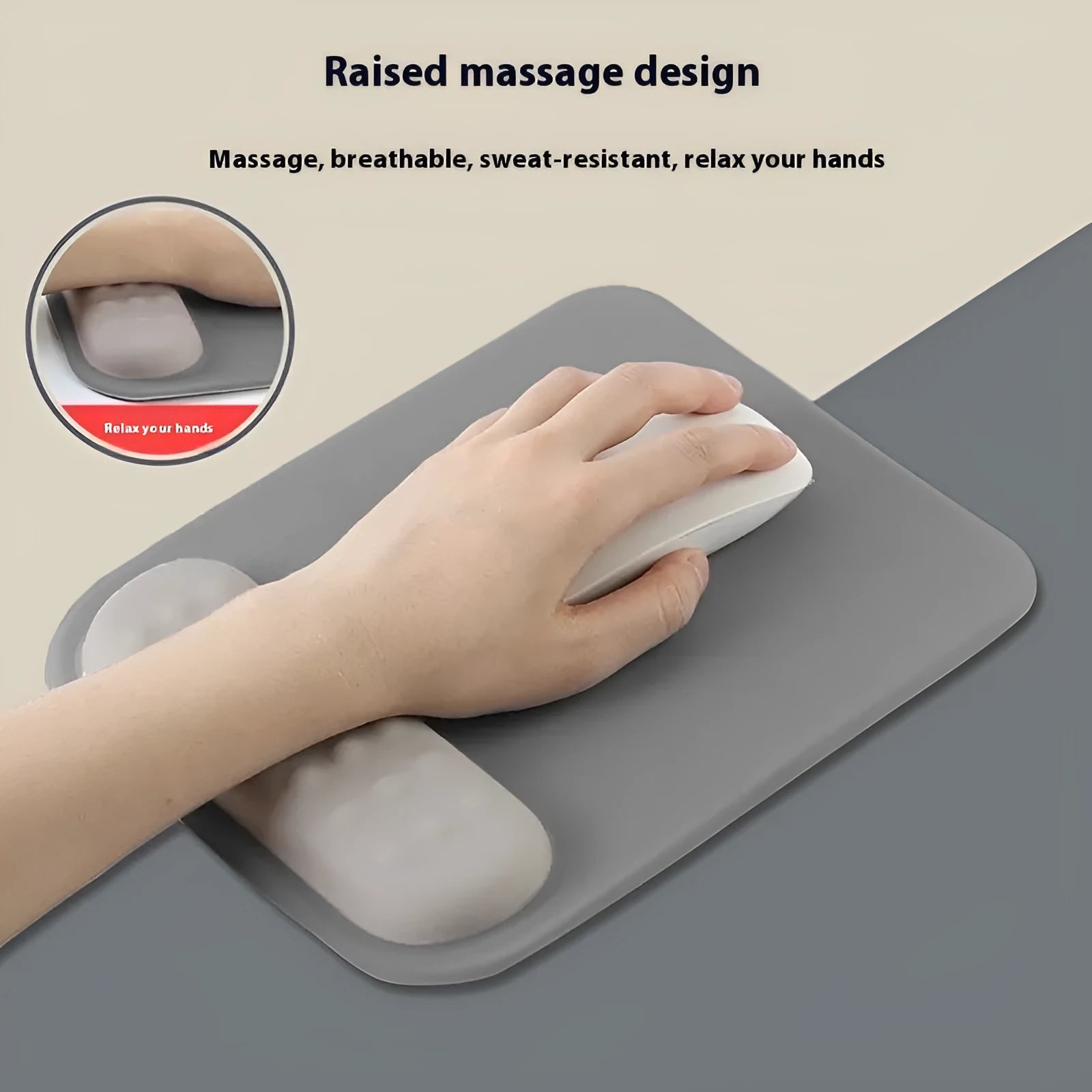 Ergonomic mouse pad with raised wrist support in a choice of contrast colour patterns on a desk.