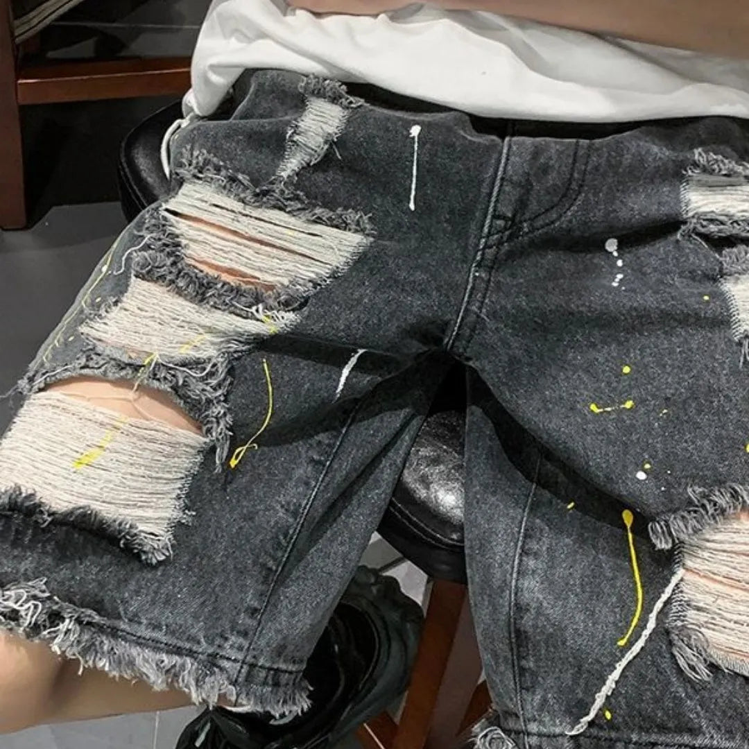 Men's casual water washed hole denim shorts in loose street style cut