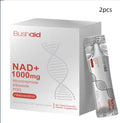 Two sealed sachets of anti-aging drink supplement powder, 150g each, with listed ingredients nicotinamide riboside and PQQ.