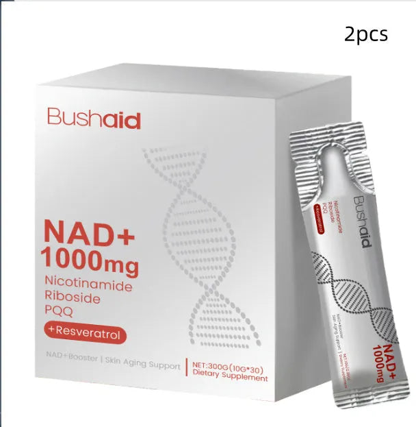 Two sealed sachets of anti-aging drink supplement powder, 150g each, with listed ingredients nicotinamide riboside and PQQ.