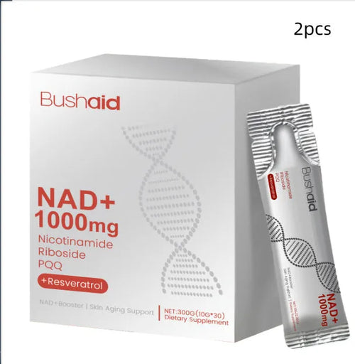 Two sealed sachets of anti-aging drink supplement powder, 150g each, with listed ingredients nicotinamide riboside and PQQ.