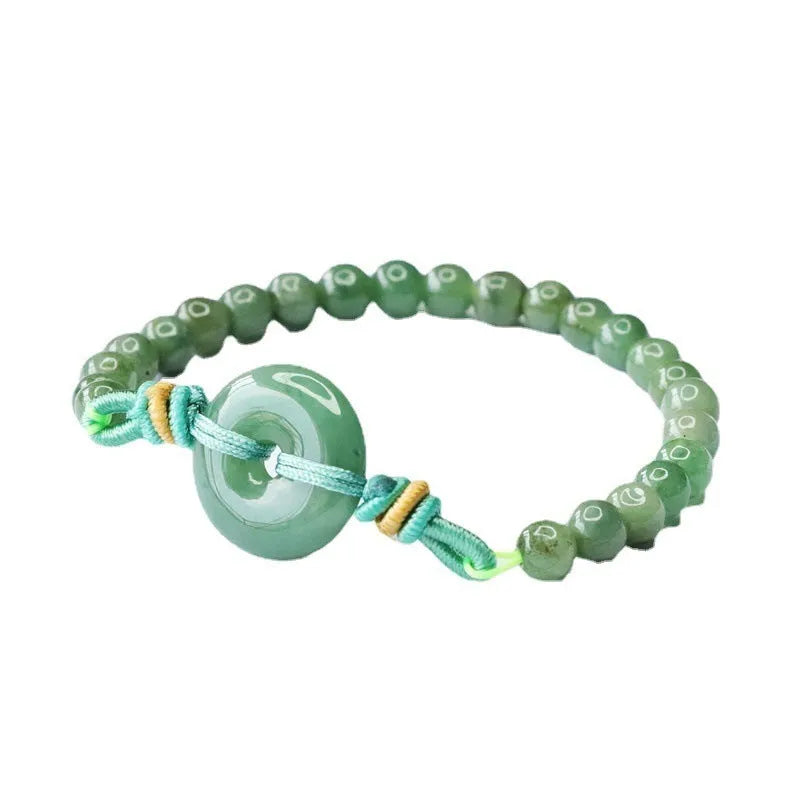 Natural emerald green jade bracelet with safety buckle closure, 6mm diameter, star-shaped national style design