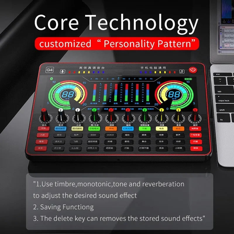 G4 professional singing sound card set with LCD display, microphone, and remote control on a desk.