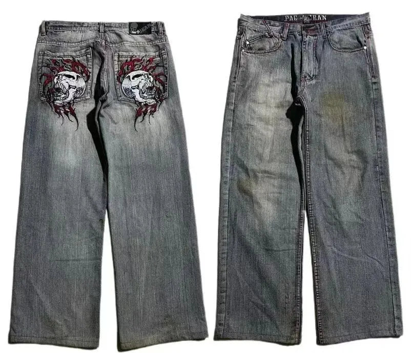 Men's grey washed-out straight-leg jeans with wide-leg workwear design.
