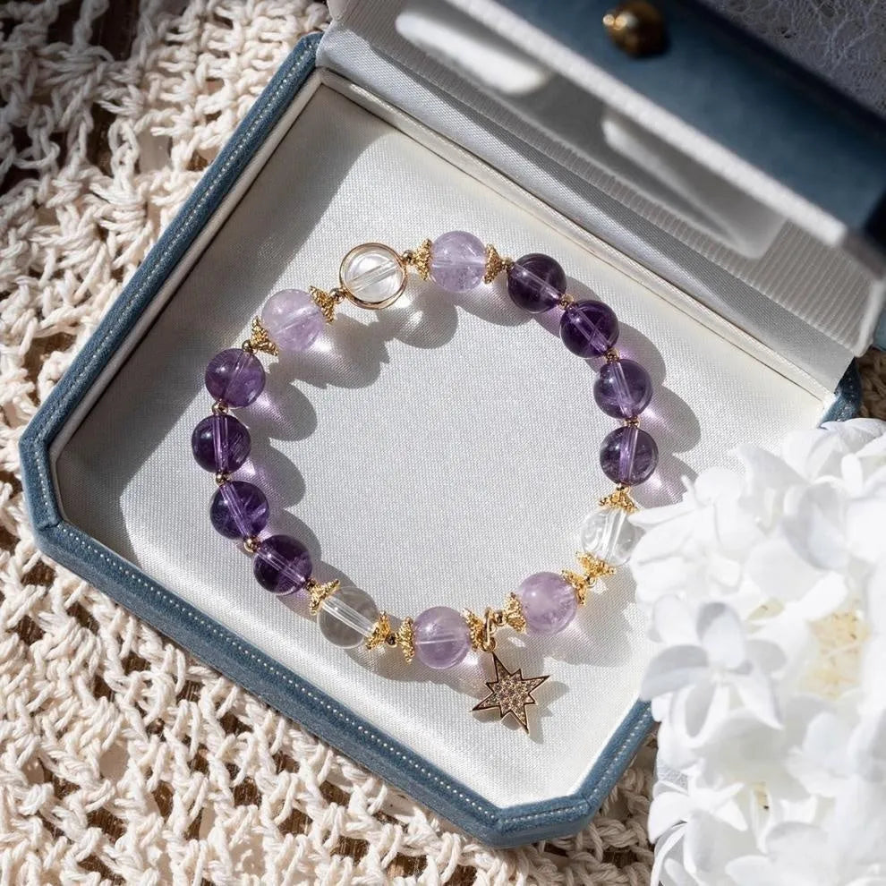 Eight awn star purple artificial crystal bracelet with animal zodiac design in gift box presentation