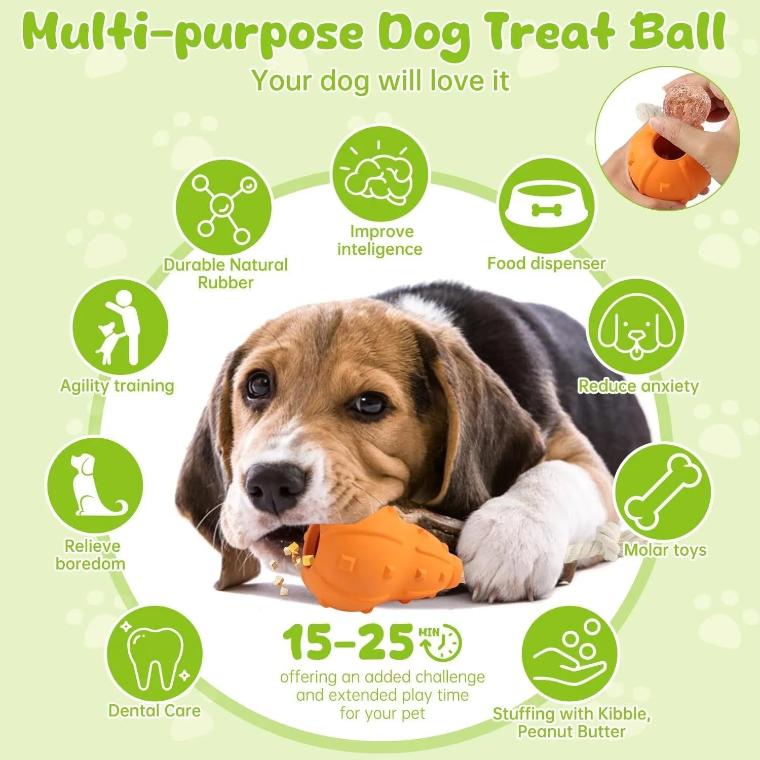 Natural rubber stuffable dog toy with a long strap for fetch and interactive chewing games.