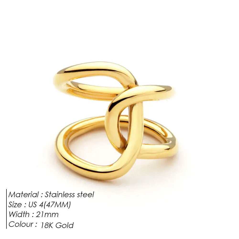 Women's stainless steel adjustable knotted ring in gold or steel colour on a U-shape geometric band.