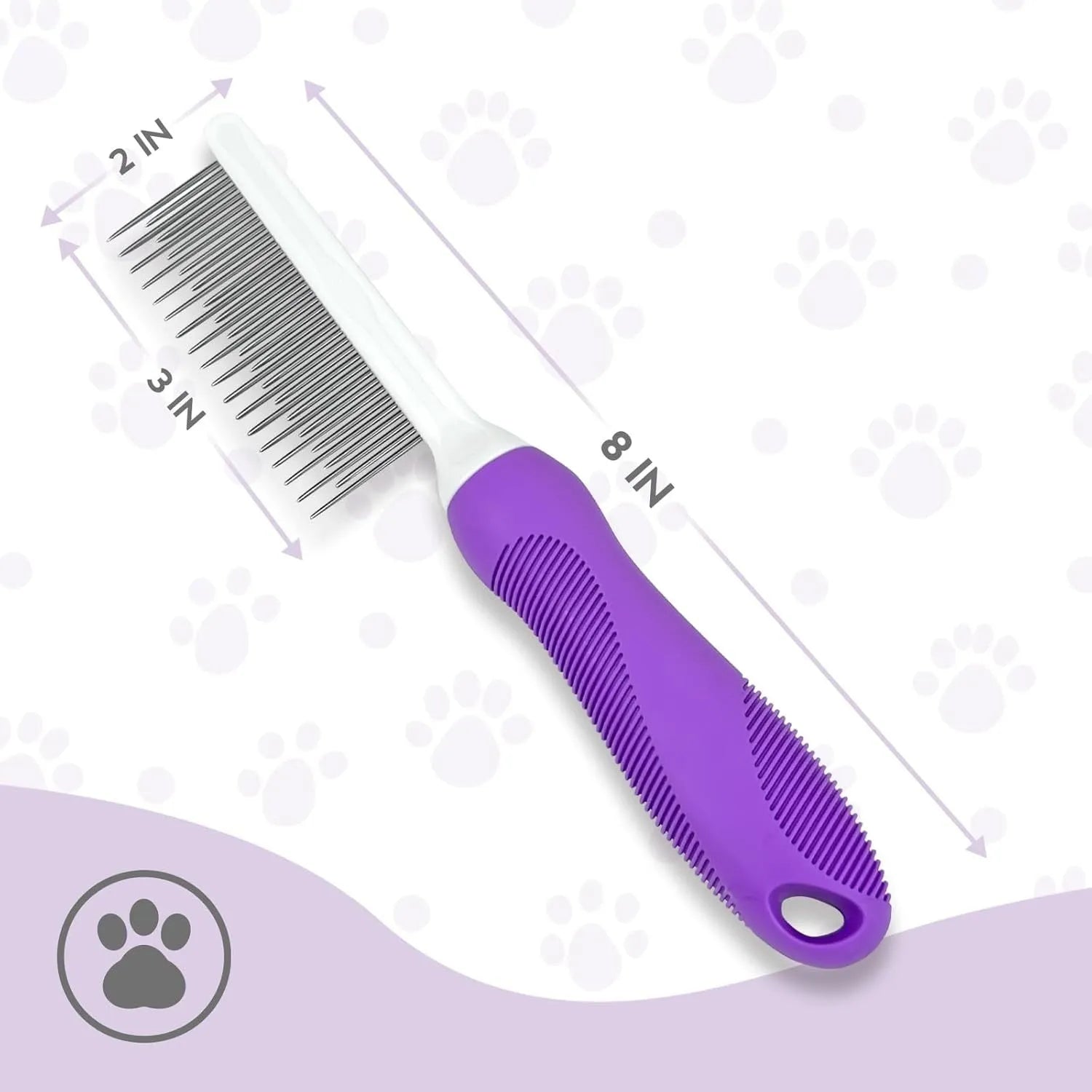 Purple pet detangling comb with stainless steel teeth and ergonomic handle for dogs and cats.